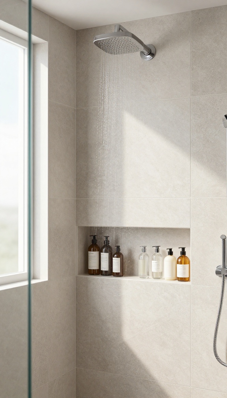 Modern walk-in shower with a built-in tile niche for shampoo and soap storage