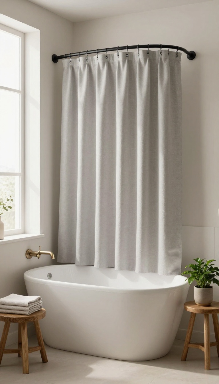 Modern bathroom with a curved matte black shower rod and light gray curtain, creating a spacious feel