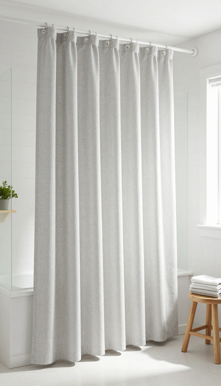 High-hung shower curtain reaching near the ceiling in a bright bathroom, making the space feel taller and more elegant.