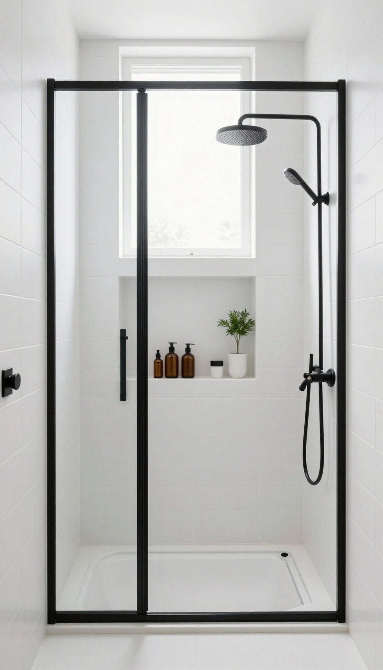 Tub-shower combo with a recessed niche shelf holding shampoo bottles and a plant, keeping the tub rim clear.