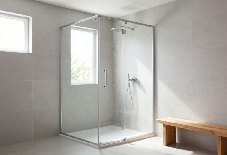 Modern shower room with glass door and rainfall showerhead