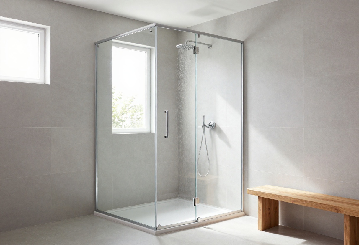 Modern shower room with glass door and rainfall showerhead