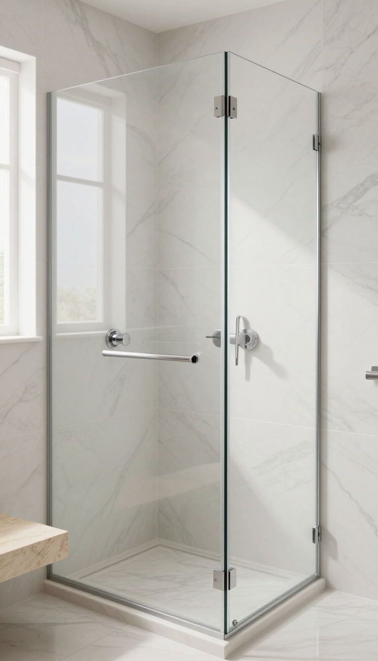 Luxurious modern shower with seamless large-format porcelain slabs in white marble look, minimal grout lines, and bright natural light.