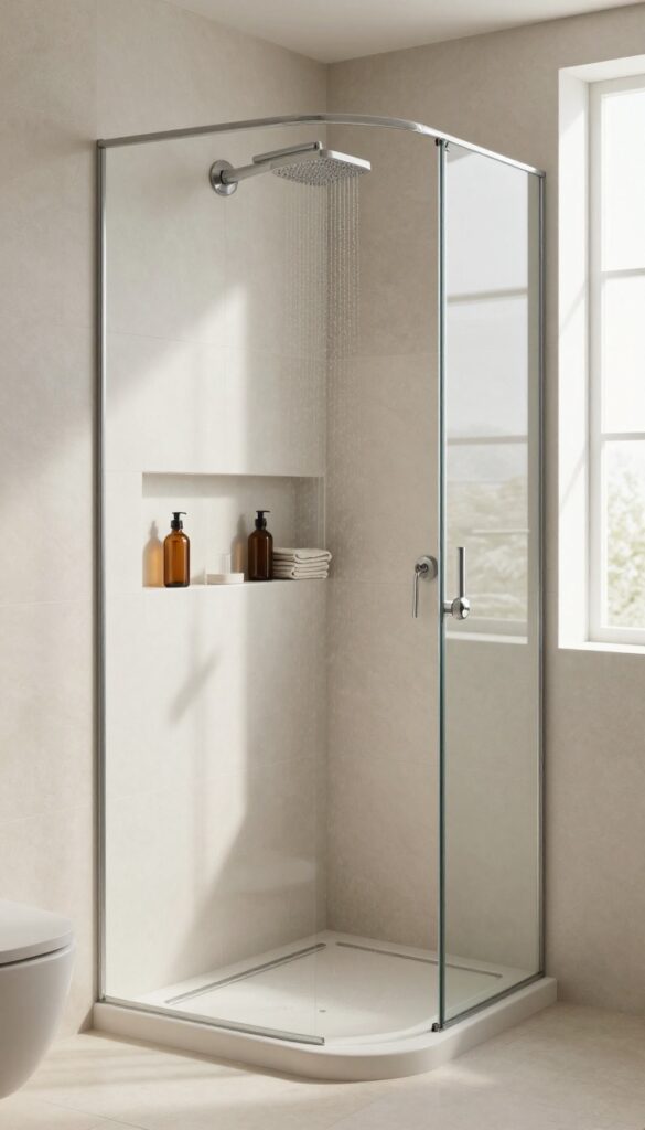 Modern shower with a seamless curbless shelf niche, filled with amber glass bottles and a folded washcloth, in a bright, airy bathroom.