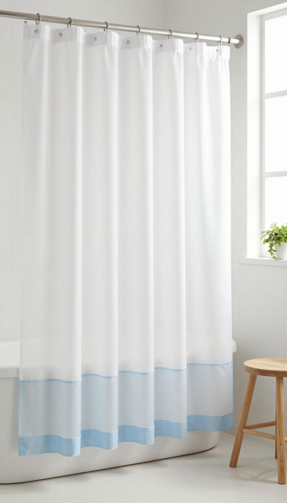 Bathroom shower with white curtain and decorative blue scalloped liner peeking out below