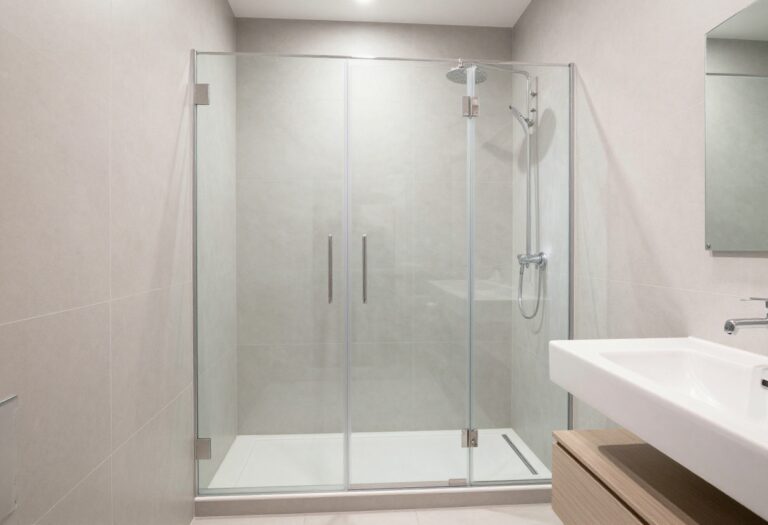 Small bathroom with walk-in shower and floating vanity