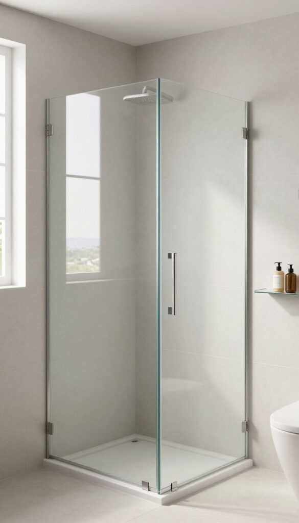 Small stand-up shower with a mirror reflecting light to create a sense of space.