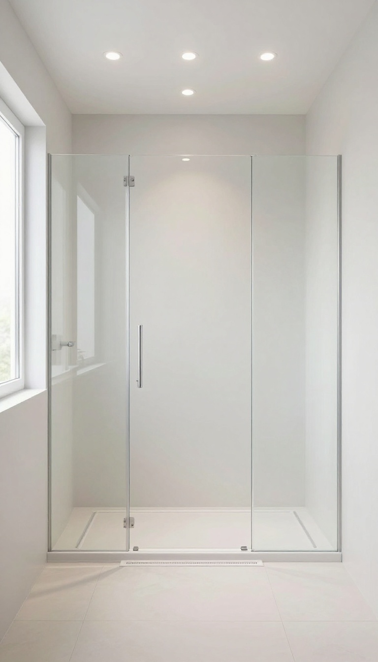 Modern curbless shower with recessed ceiling lights for even illumination, highlighting safety and style.