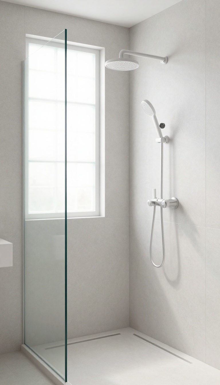 Modern bathroom shower with a glass block window providing privacy and natural light