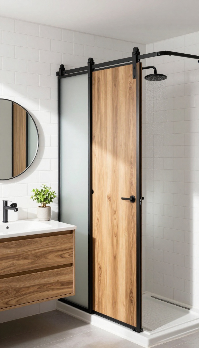 Sliding barn door shower screen in a small bathroom, with warm wood and matte black hardware, bright natural light, and compact fixtures.
