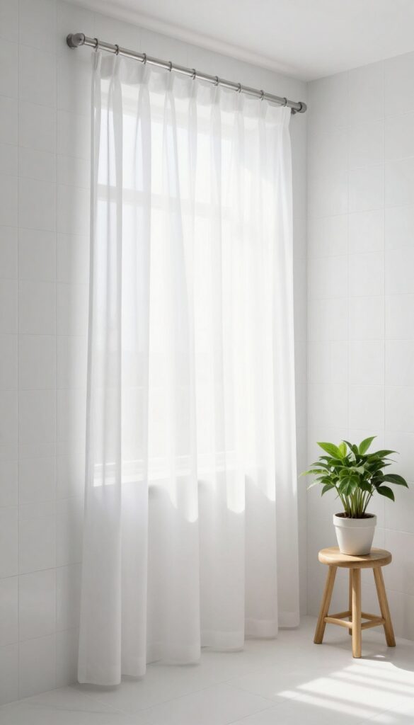 Sheer white shower curtain in a bright small bathroom