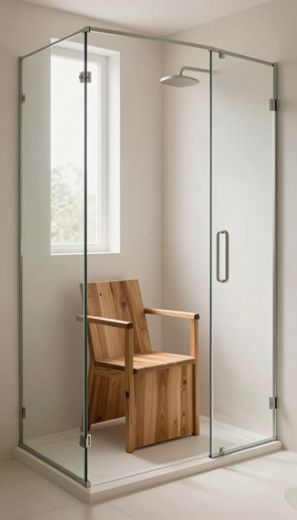 Modern bathroom with a teak shower chair with armrests in a bright walk-in shower