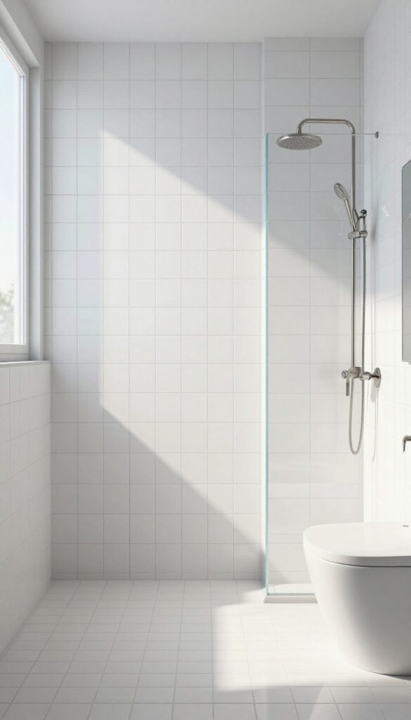 Bright bathroom with vertical stacked white tiles and a tub shower, creating a taller, more open feel