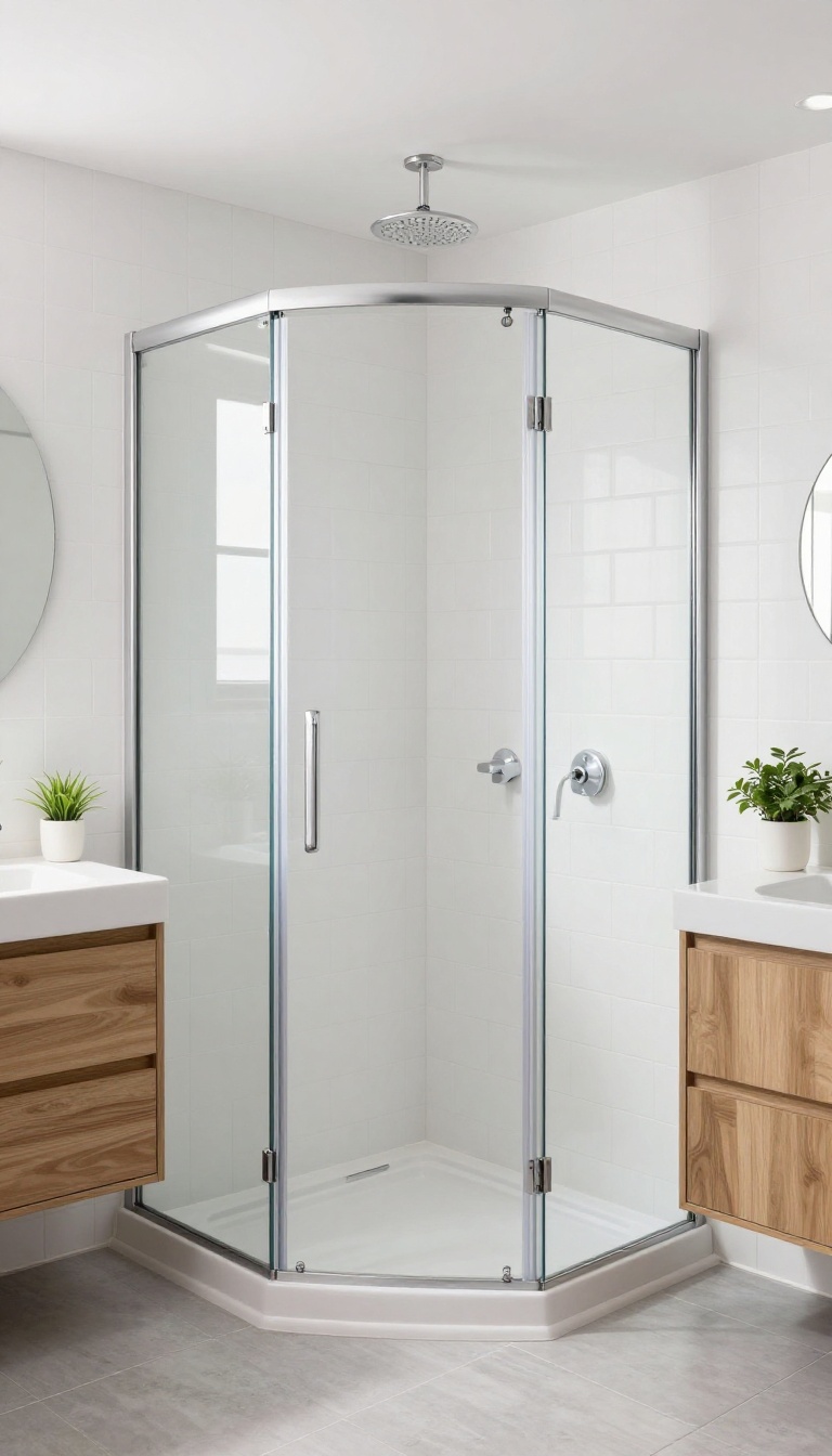 Bright small bathroom with a corner shower featuring clear curved glass doors and a rain showerhead, maximizing space with an airy, open feel.