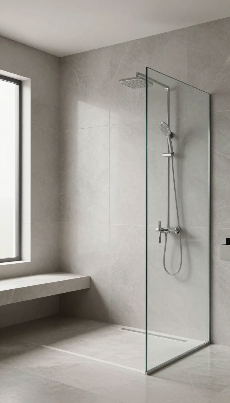 Large-format polished porcelain slabs in a modern shower with minimal grout lines and a spa-like atmosphere.