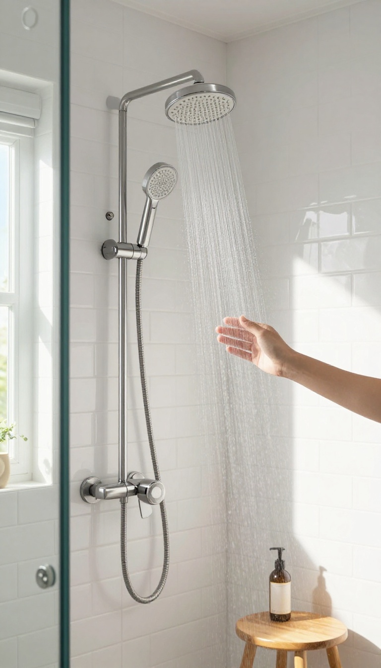 Handheld showerhead on a slide bar in a small shower stall