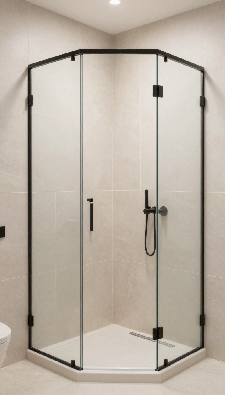 Corner shower with curved glass panel in a modern bathroom