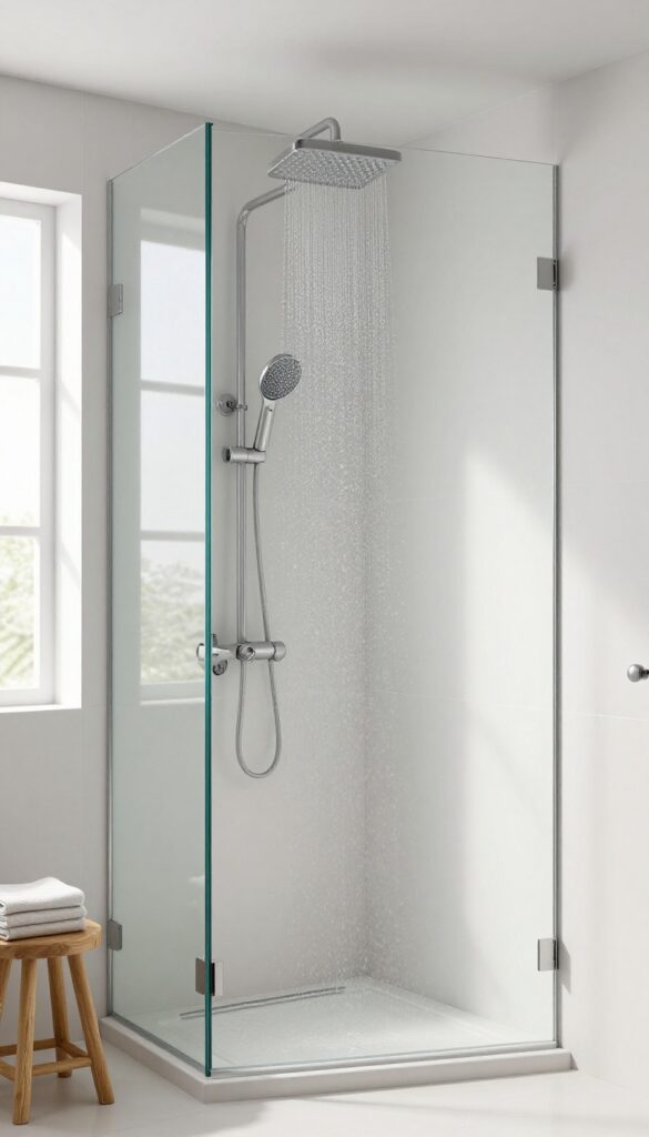 Modern neo angle shower with ceiling-mounted rainfall showerhead in a bright, spa-like bathroom