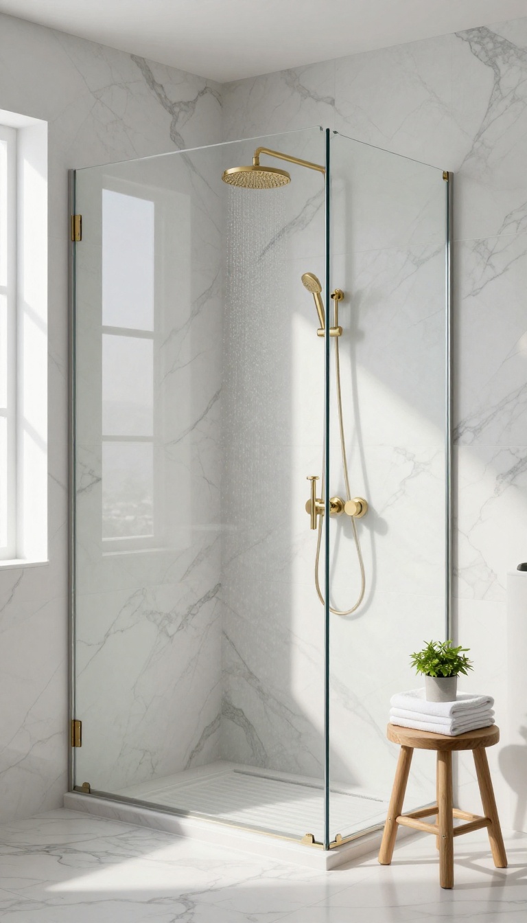 Marble-look porcelain tiles in a bright, modern shower with natural light and elegant fixtures