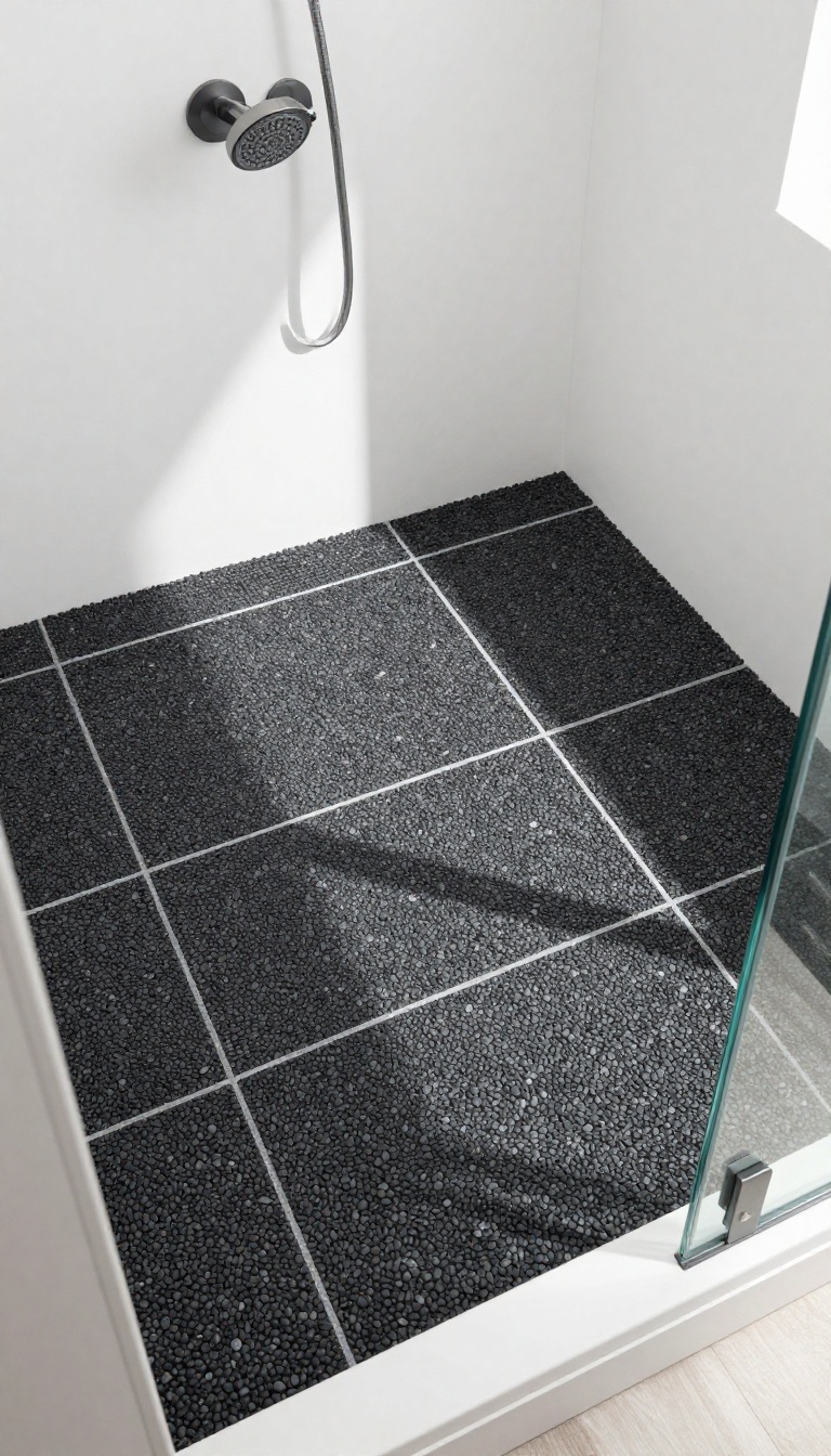 Dark charcoal pebble shower floor with white grout, bright white walls, and natural light