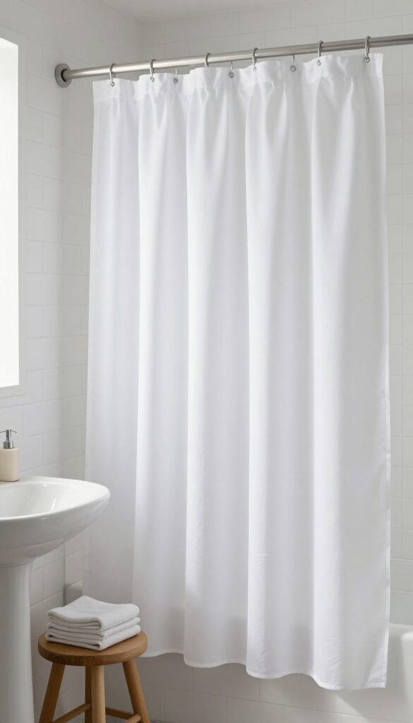 White ruffled shower curtain in a small bright bathroom with natural light and minimalist decor
