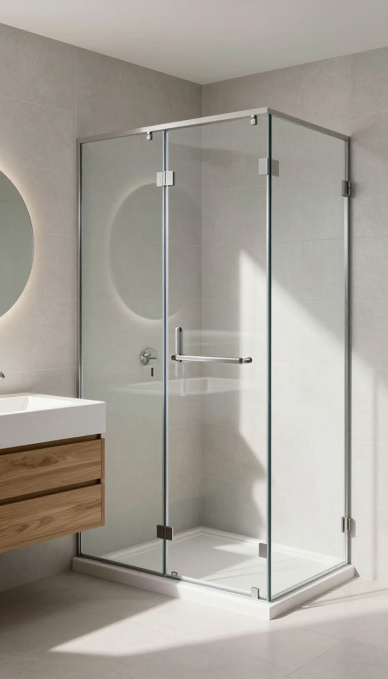 Frameless glass shower door in a bright, modern bathroom with natural light and clean design