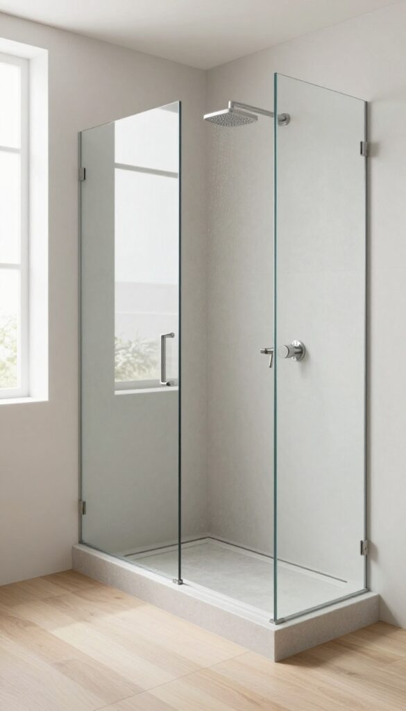 Modern walk-in shower with a curb-mounted seat, seamlessly integrated into the threshold, in a bright minimalist bathroom.