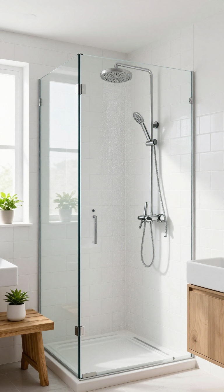 Corner shower with rain head and handheld wand in a bright, modern small bathroom