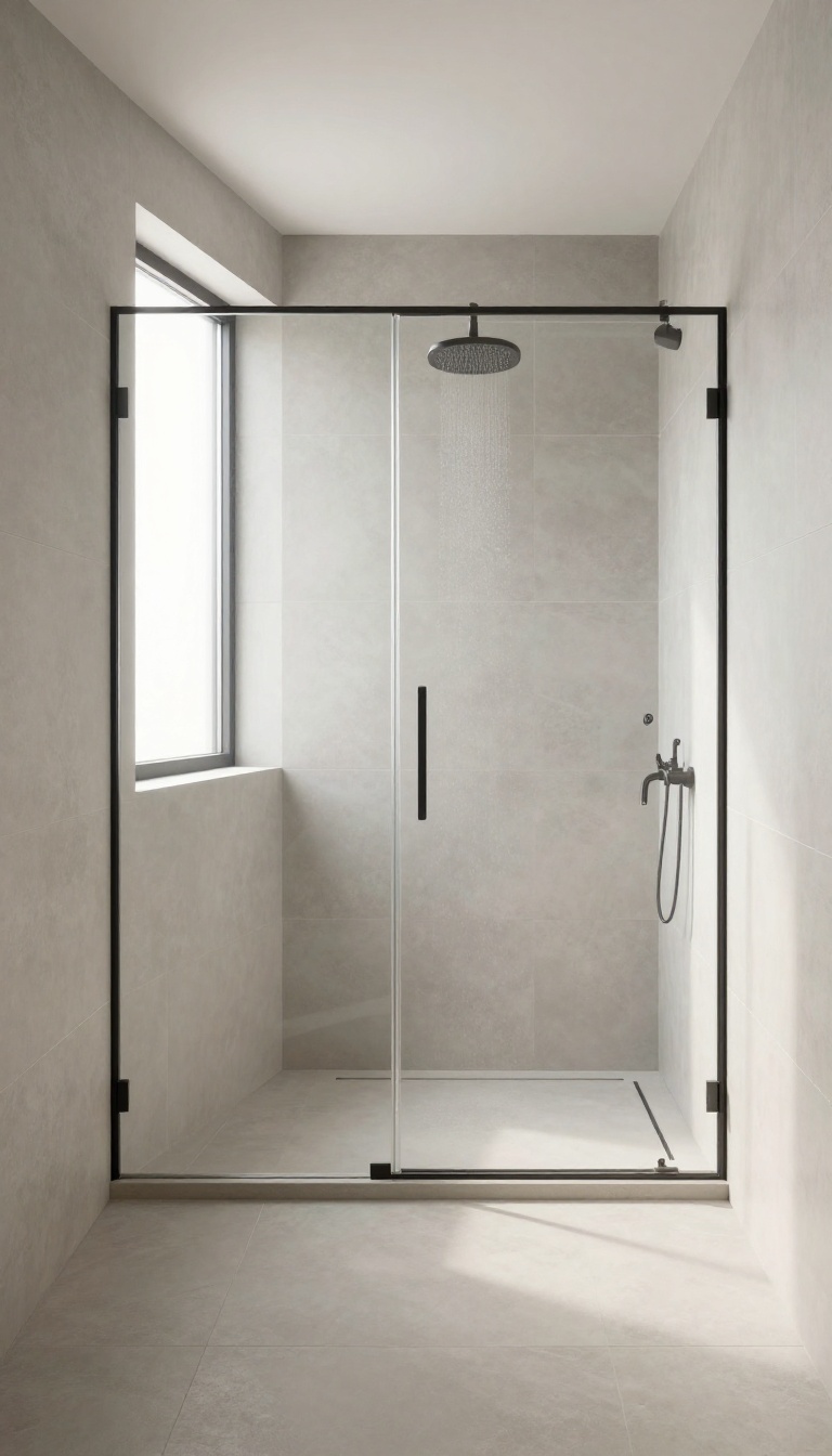 Modern master bathroom shower with floor-to-ceiling gray tiles and glass enclosure