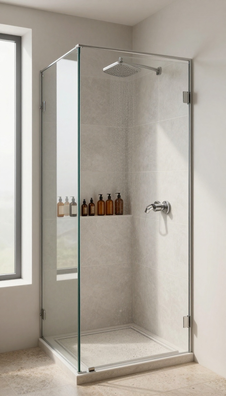 Small walk-in shower with a built-in tile niche holding shampoo bottles, showcasing clean storage.