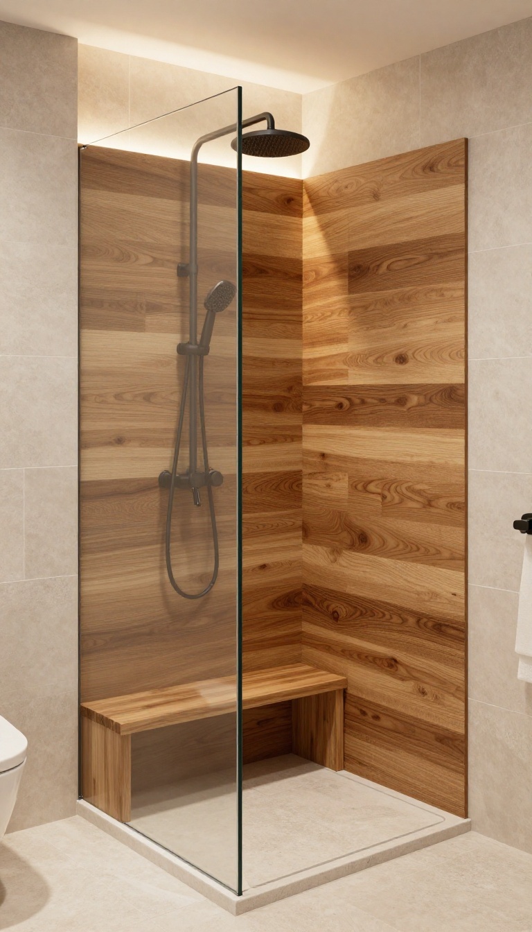Warm wood accent half wall in a modern shower with glass panel and neutral tiles