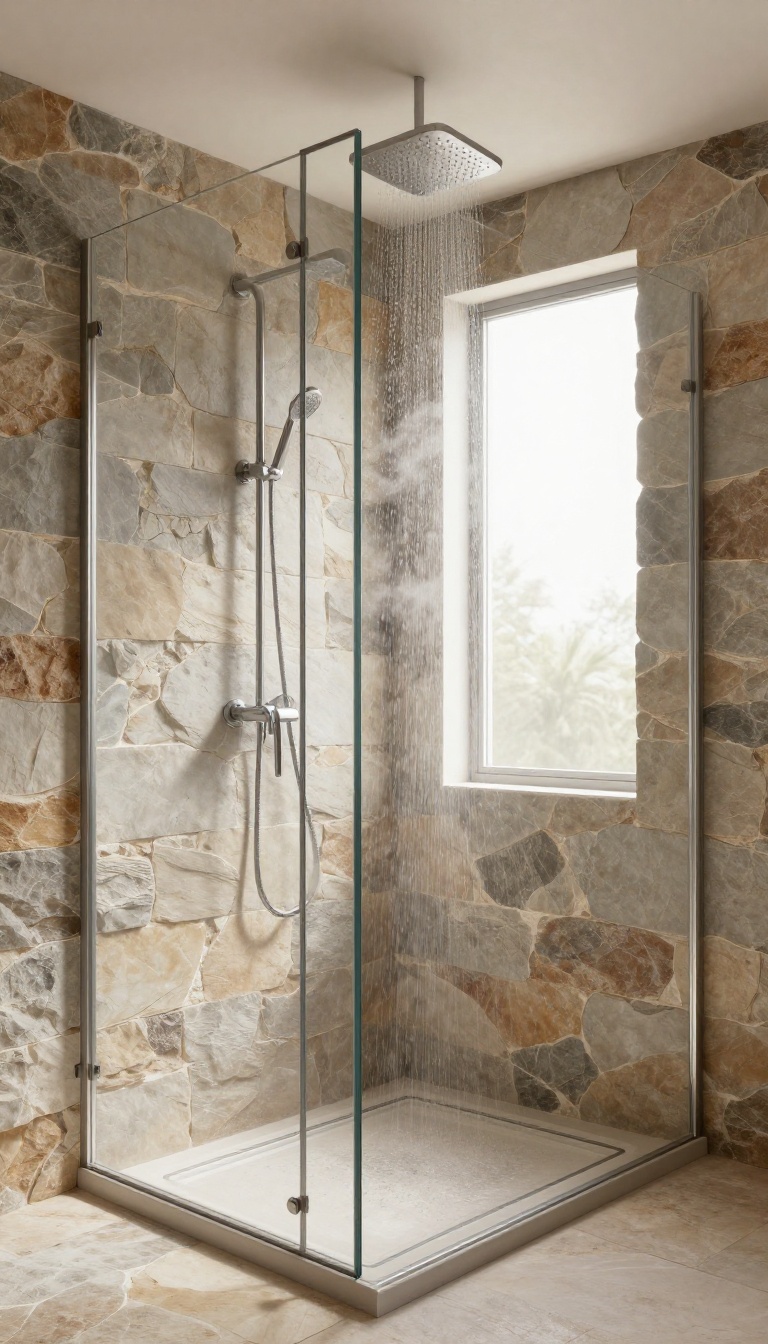 Rustic stone walk-in shower with rain showerhead and natural light