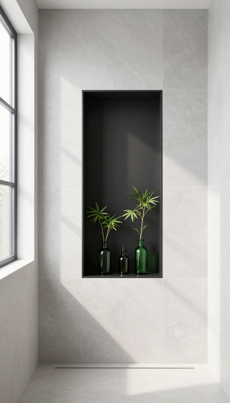 Modern shower niche with a contrasting black metal frame, surrounded by light gray tiles, featuring decorative bottles and a small plant.