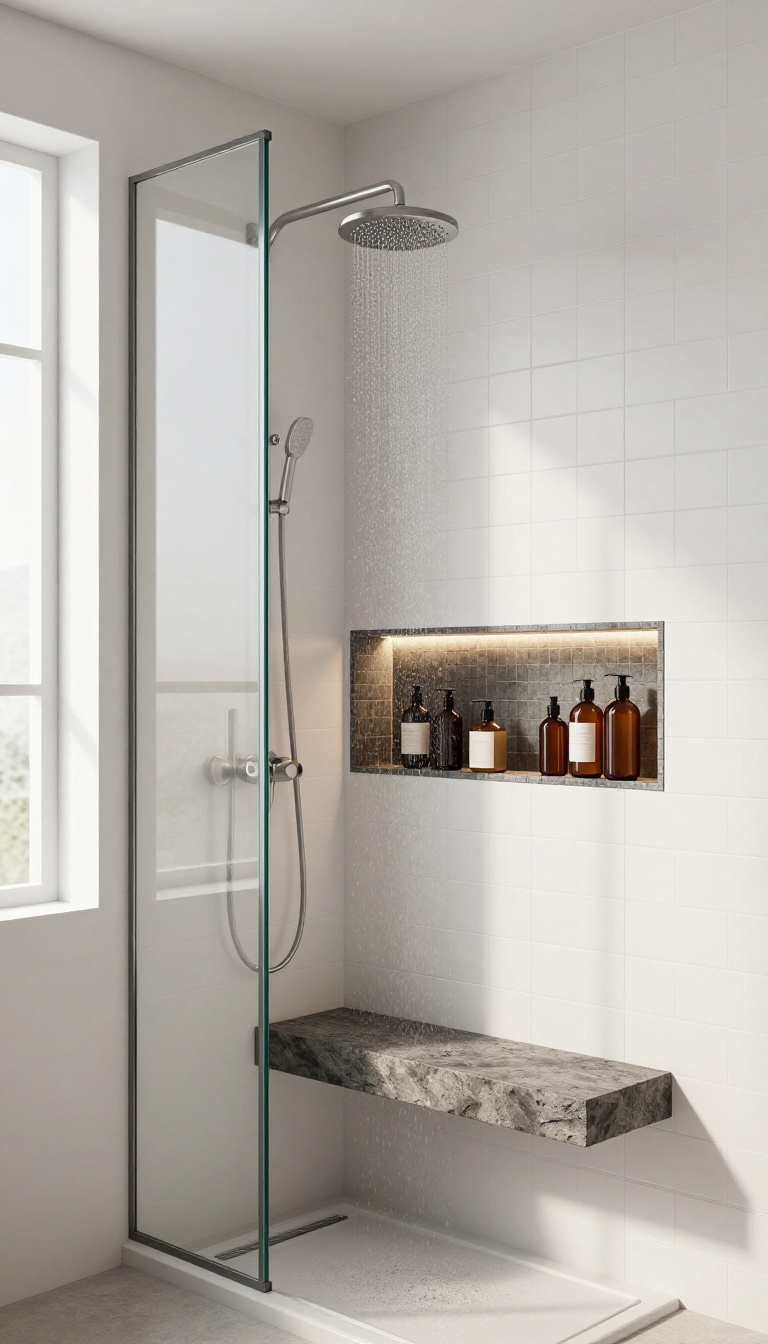 Modern shower with built-in niche shelving and contrasting dark tile, lit by a subtle LED strip