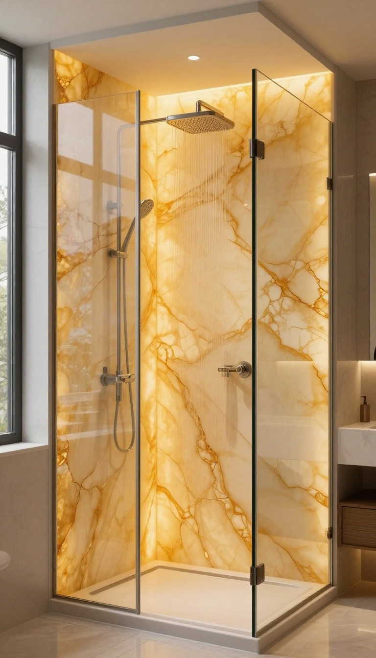Backlit onyx shower wall glowing warmly in a modern bathroom