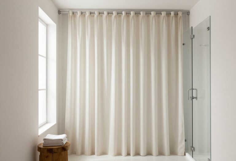Tall shower curtain in a modern bathroom with ceiling-mounted track
