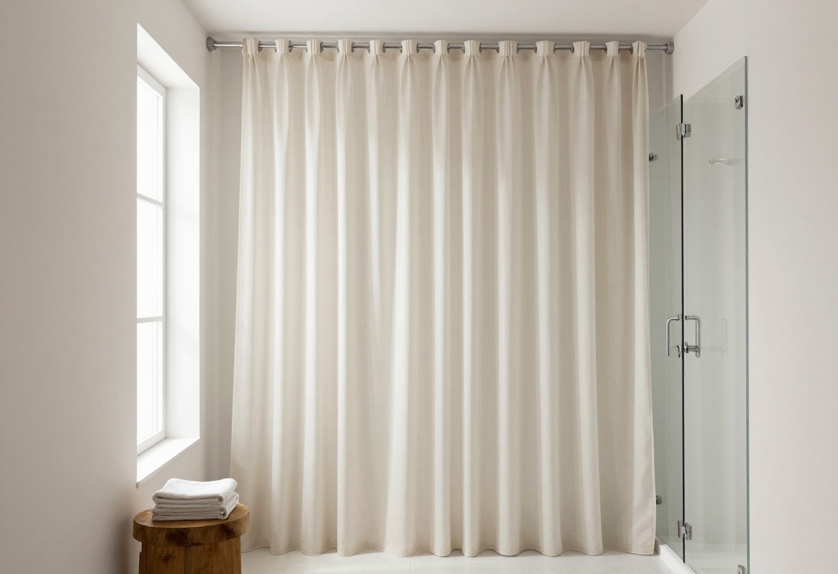 Tall shower curtain in a modern bathroom with ceiling-mounted track