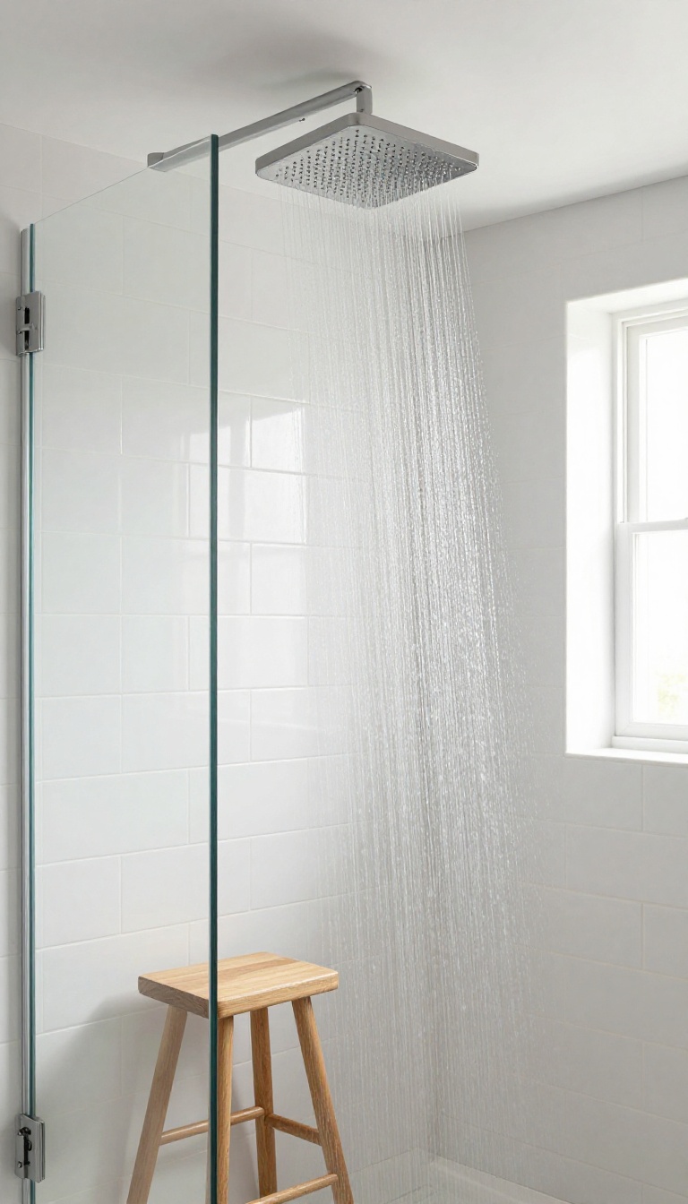Rainfall showerhead in a small bathroom shower