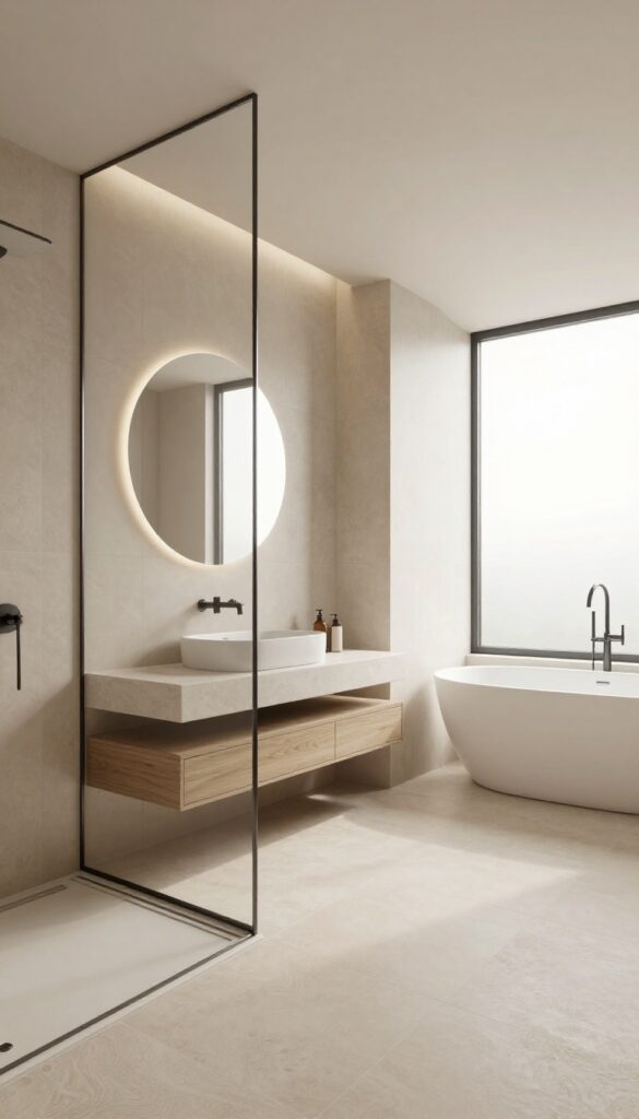 Walk-in shower with curbless entry in a bright modern bathroom