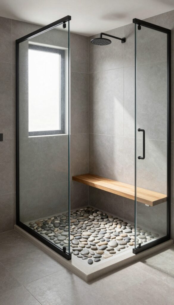 Spa-inspired bathroom shower with pebble stone floor, wooden bench, and matte black fixtures