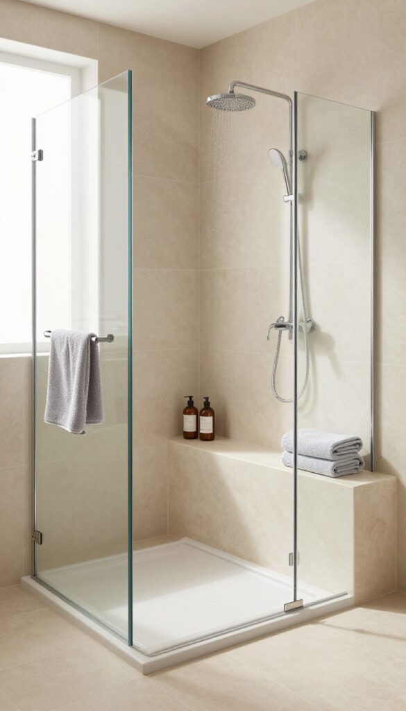 Modern walk-in shower with a built-in stone resin bench, tile-ready base, and natural light