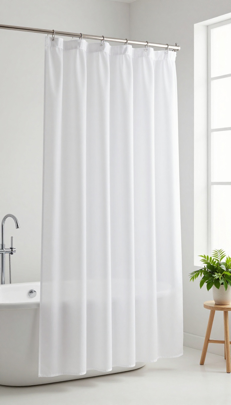 White fabric shower curtain with weighted hem hanging straight in a bright modern bathroom