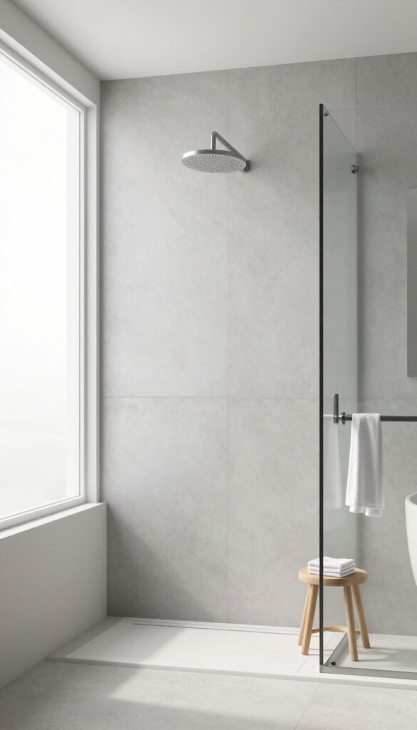 Modern bathroom shower surround with large matte concrete-look waterproof wall panels, no grout lines, bright natural light, spa-like style.