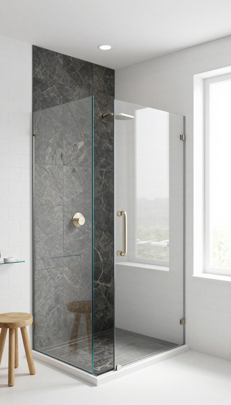 Dark slate tile shower with white subway tile accent wall and natural light