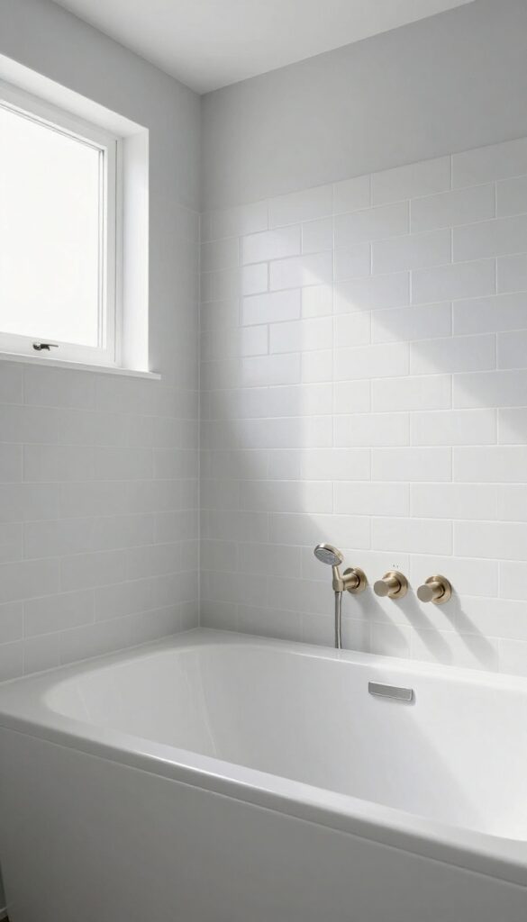 Slimline wall-mounted tub filler with integrated shower in a small bright bathroom