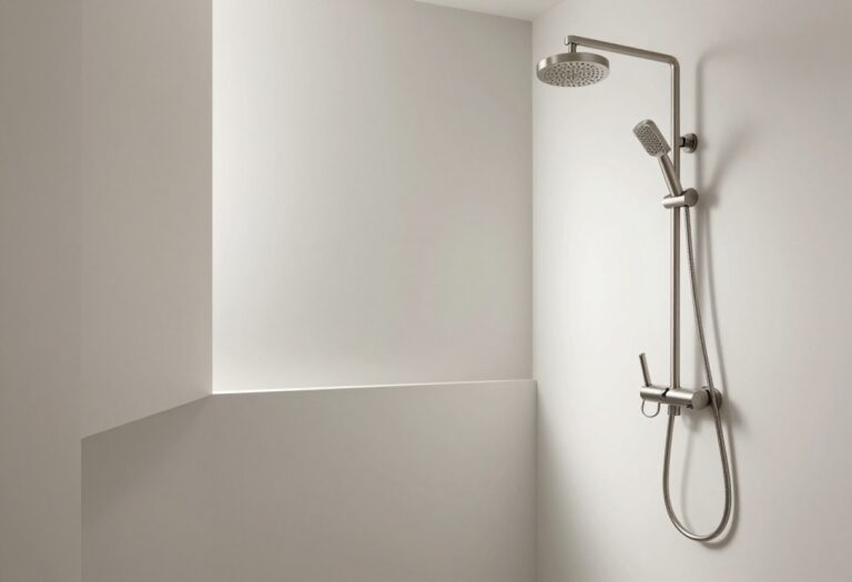 Modern shower faucet with thermostatic valve and rain head in a stylish bathroom