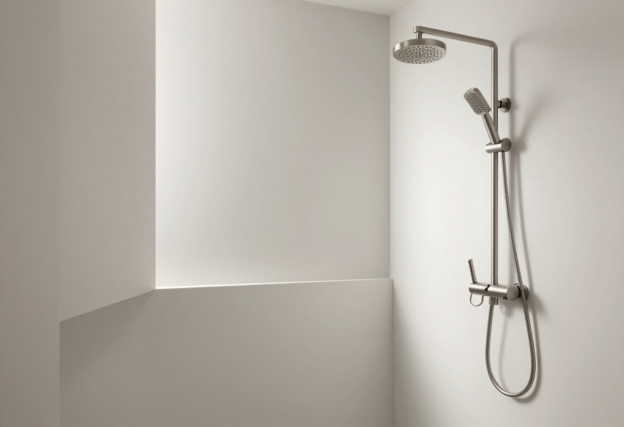Modern shower faucet with thermostatic valve and rain head in a stylish bathroom