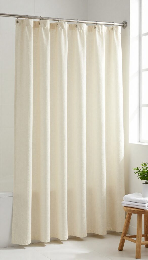 Two tied shower curtains creating a faux Roman shade effect in a bright bathroom