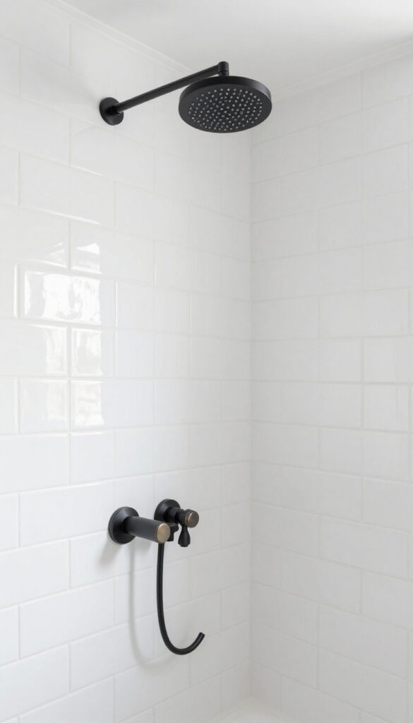 Classic white subway tile shower surround in a bright, modern bathroom