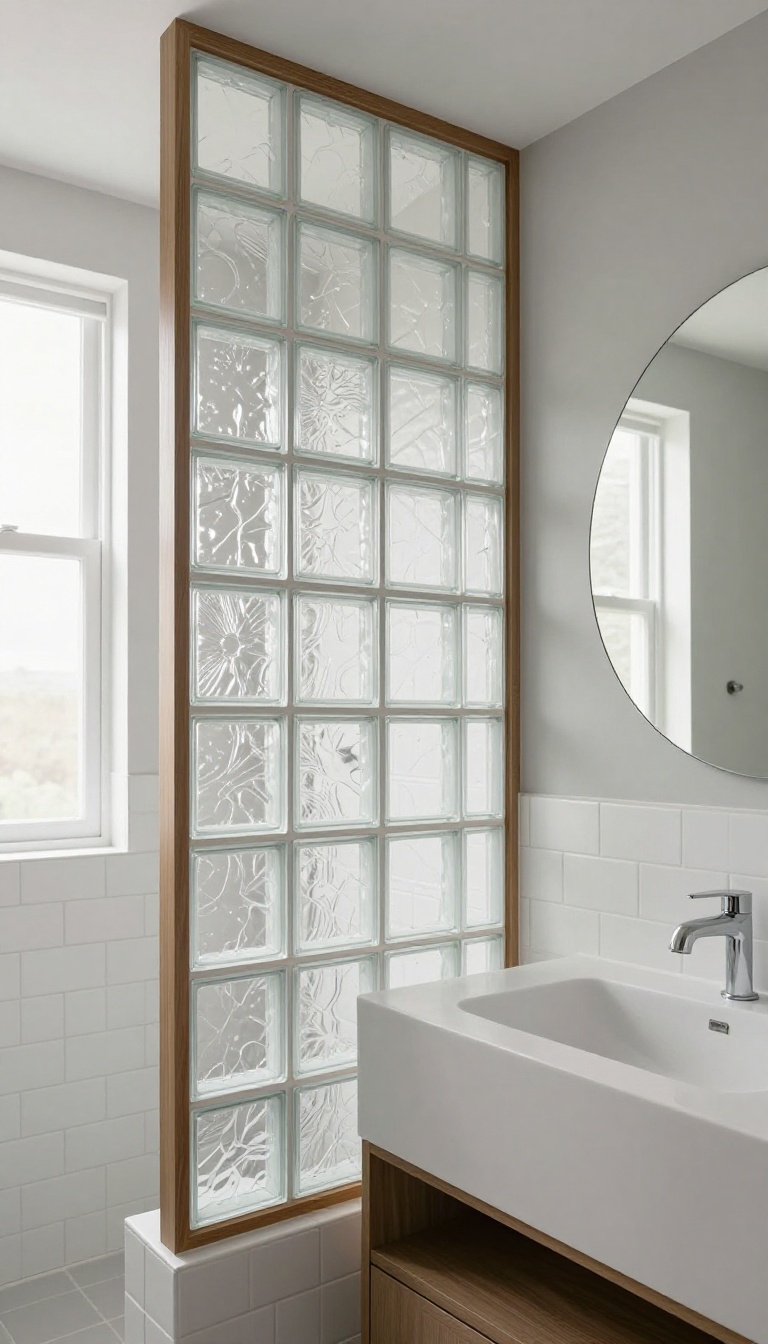 Modern bathroom with a half wall featuring glass block accents, allowing soft daylight to filter through while maintaining privacy.